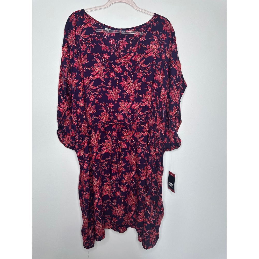 Lands End Swim Coverup Dress‎ Purple Coral Size XL XXL Dolman Sleeve Floral